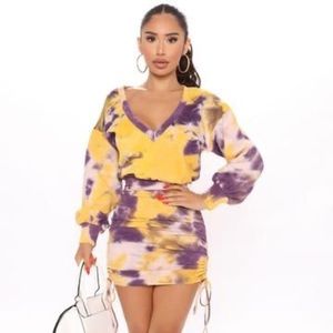 Ruched Attitude Tie Dye Mini Dress- Yellow/combo